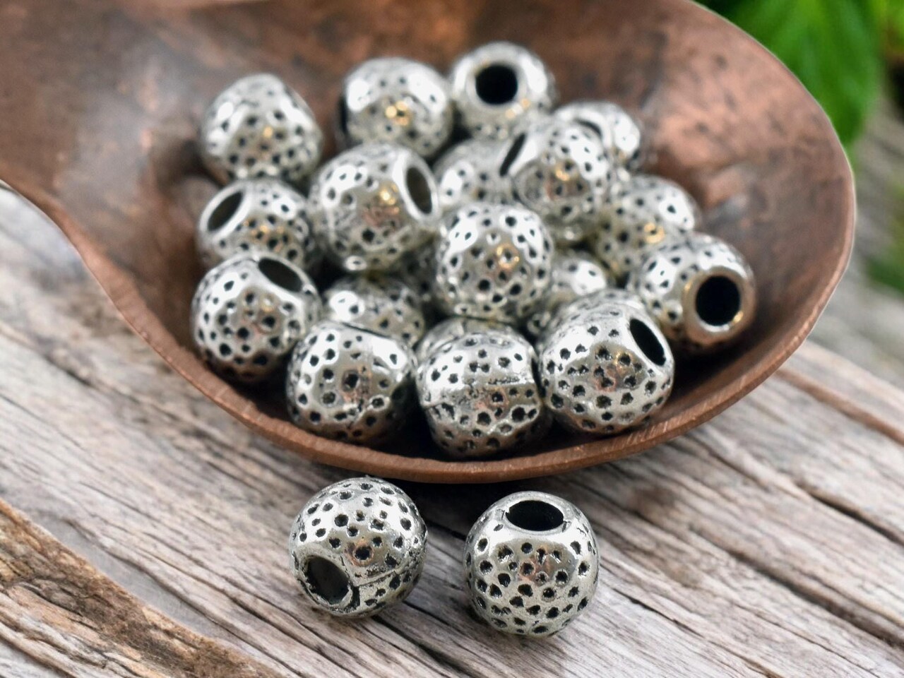 *50* 7mm Antique Silver Dimpled Round Large Hole Spacer Beads